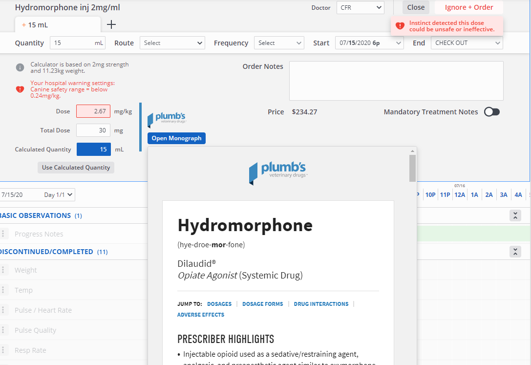 Screenshot of Instinct software, showing the user interface for checking drug doses against Plumb's Veterinary Drugs