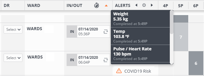 Screenshot of Instinct software, showing patient vitals