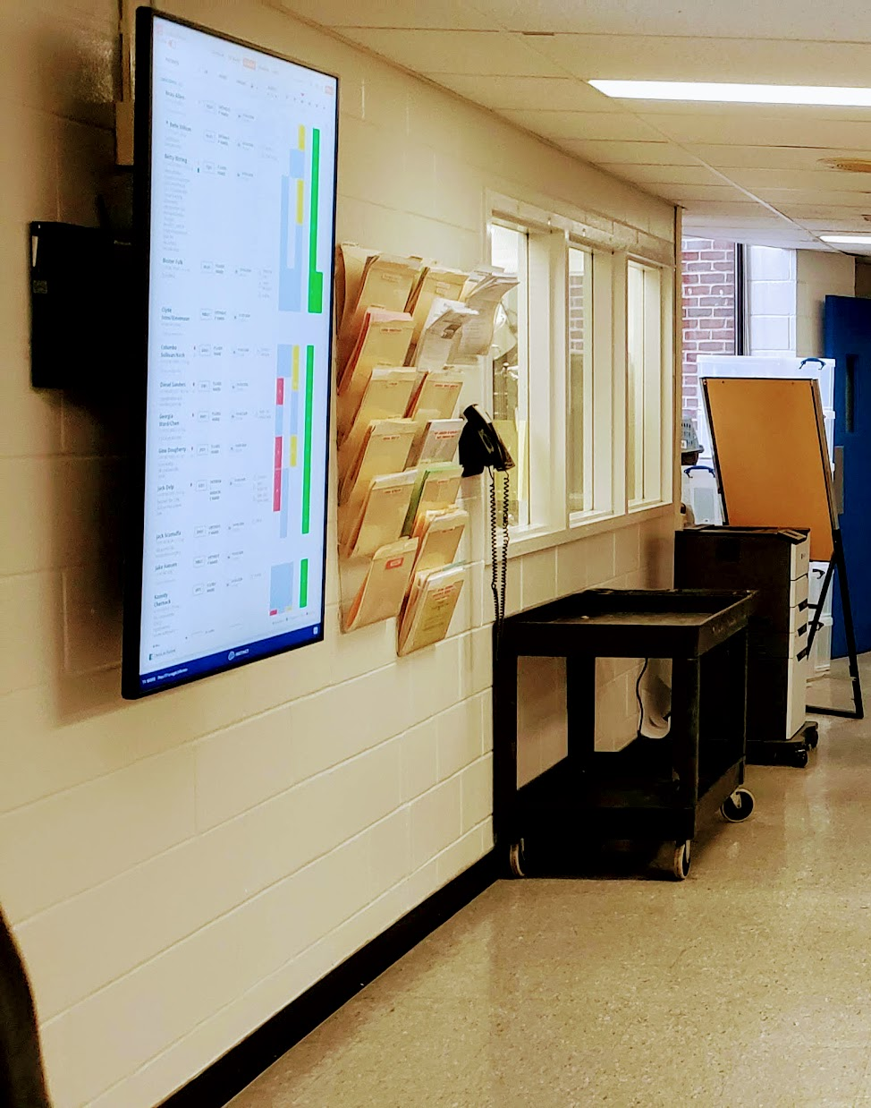 Photograph of a television screen hung vertically, showing a series of cases and their status in a veterinary practice