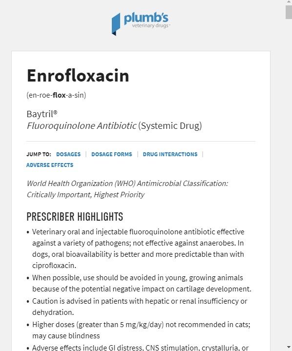 Screenshot showing the beginning of the drug monograph for the drug enrofloxacin in the Plumb's Veterinary Drugs digital reference.